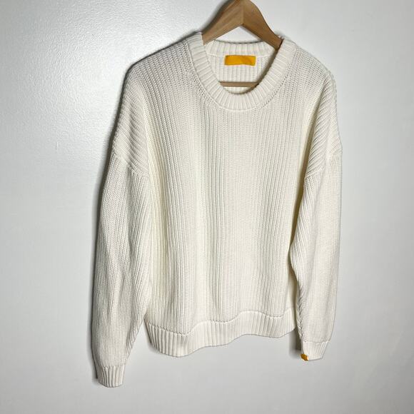 Yellow Label Co Long Sleeve Chunky Knit Sweater Men Small White Crew Neck Cotton - Picture 3 of 10